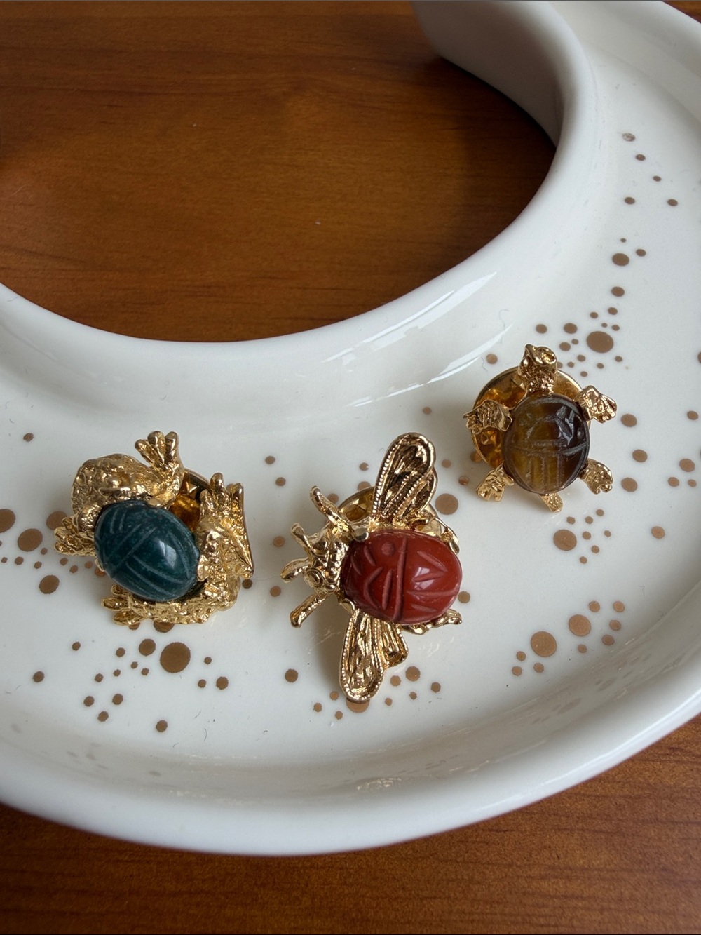 Vintage Scarab Gold tone Frog, Fly and Turtle pin set